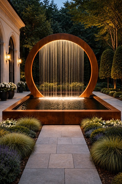 Corten Steel Waterfall Fountain, Modern Outdoor Reflecting Pool