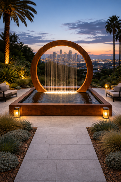 Corten Steel Waterfall Fountain, Modern Outdoor Reflecting Pool