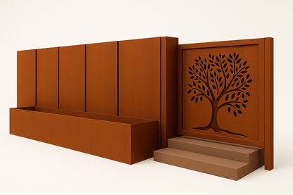 Modern Corten Steel Privacy Panels with Built-In Planters – Laser Cut Tree & Bird Design for Outdoor Screening and Landscaping