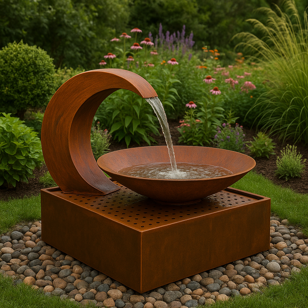 Modern Corten Steel Garden Fountain – Sculptural Outdoor Water Feature | 39" Rust Bowl with Arc | Handmade Landscape Decor USA - Ready to Ship!