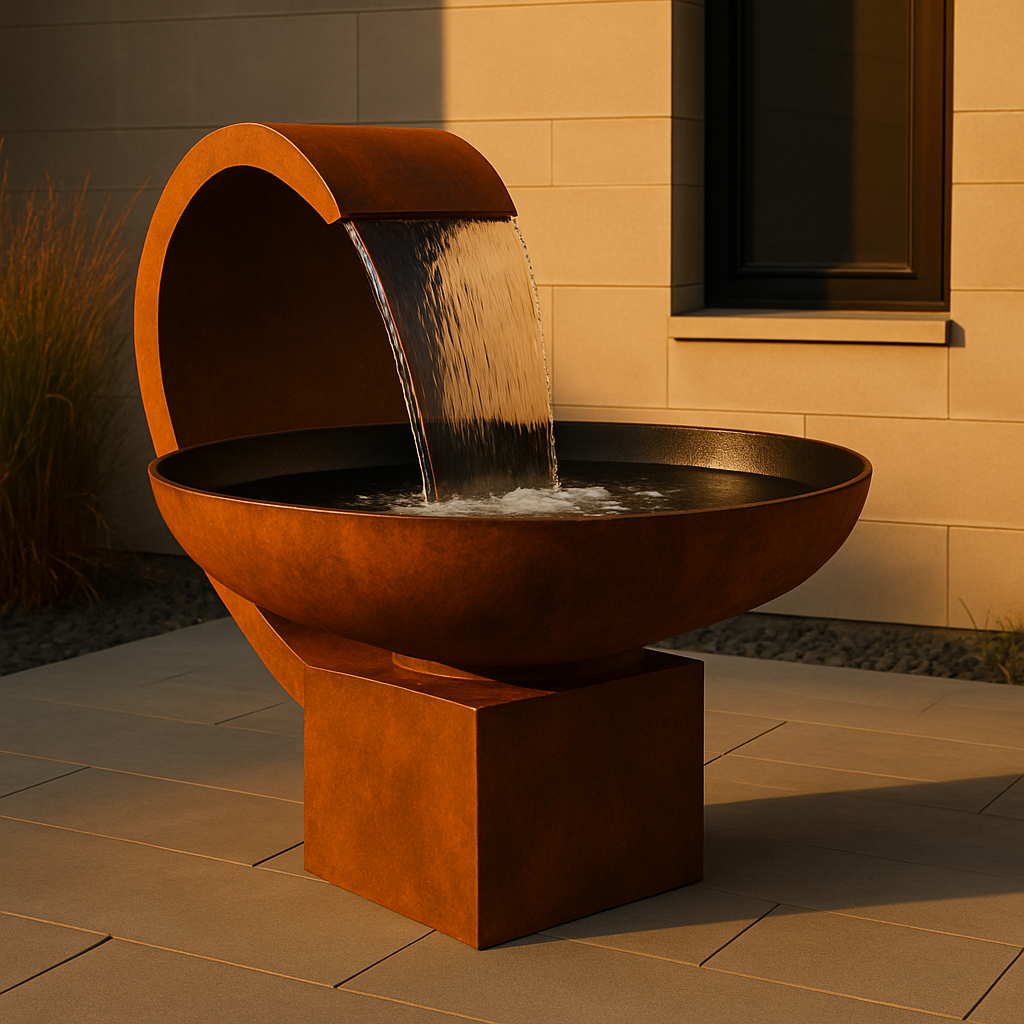 Modern Corten Steel Outdoor Fountain – Circular Bowl Water Feature with Rusted Finish (40" DIA x 16" H)
