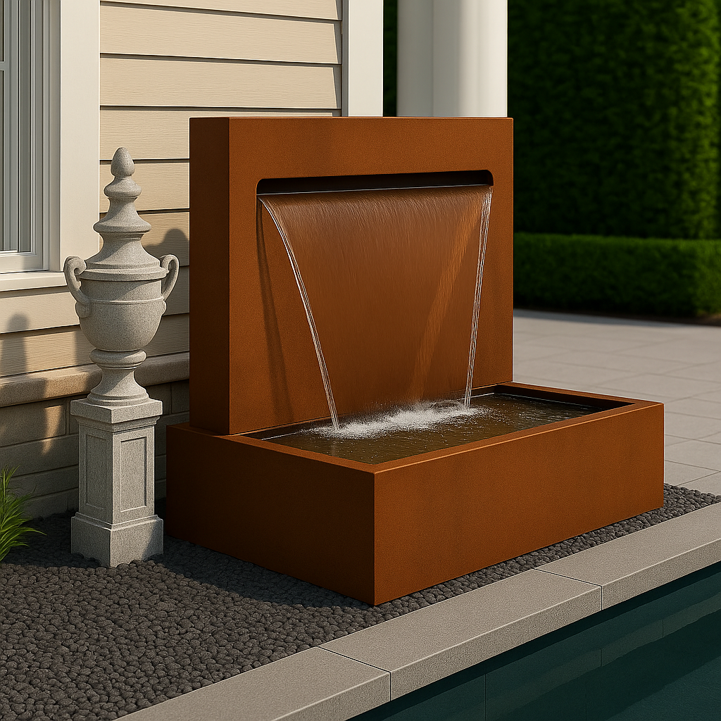 Modern Corten Steel Waterfall Fountain – Outdoor Rust Water Feature for Garden, Patio & Poolside Decor
