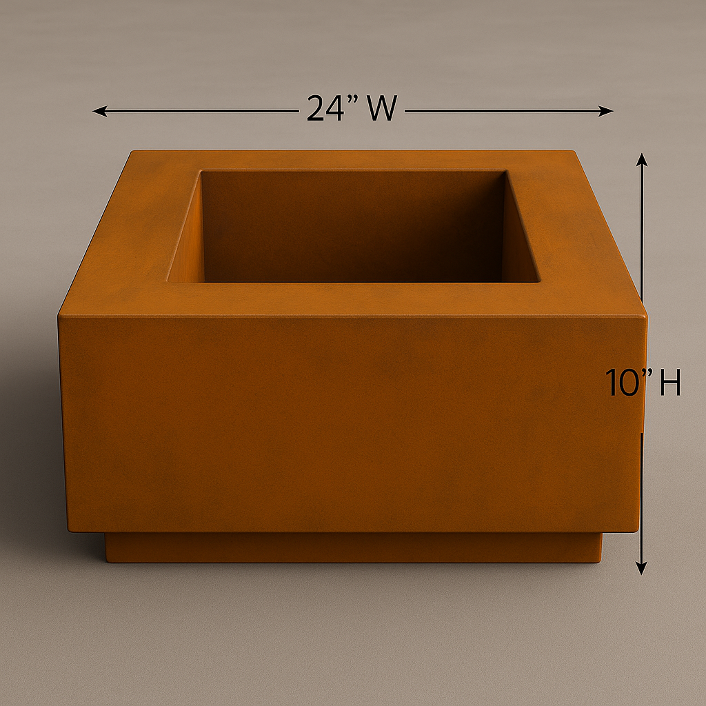 Square Corten Steel Fire Pit – 24” W x 10” H | Modern Low Profile Patio Bowl | Weathered Rust Finish by H&P Building