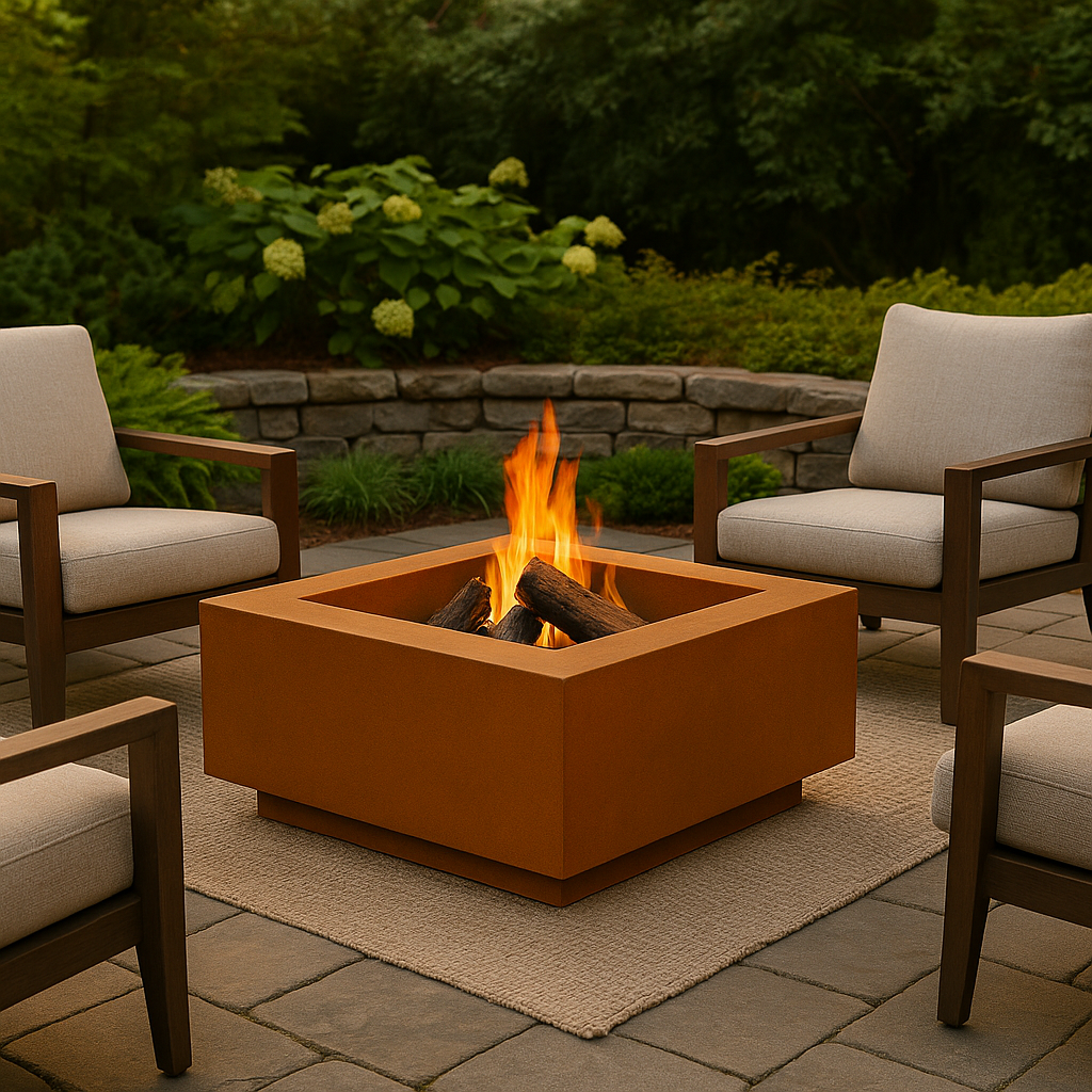 Square Corten Steel Fire Pit – 24” W x 10” H | Modern Low Profile Patio Bowl | Weathered Rust Finish by H&P Building