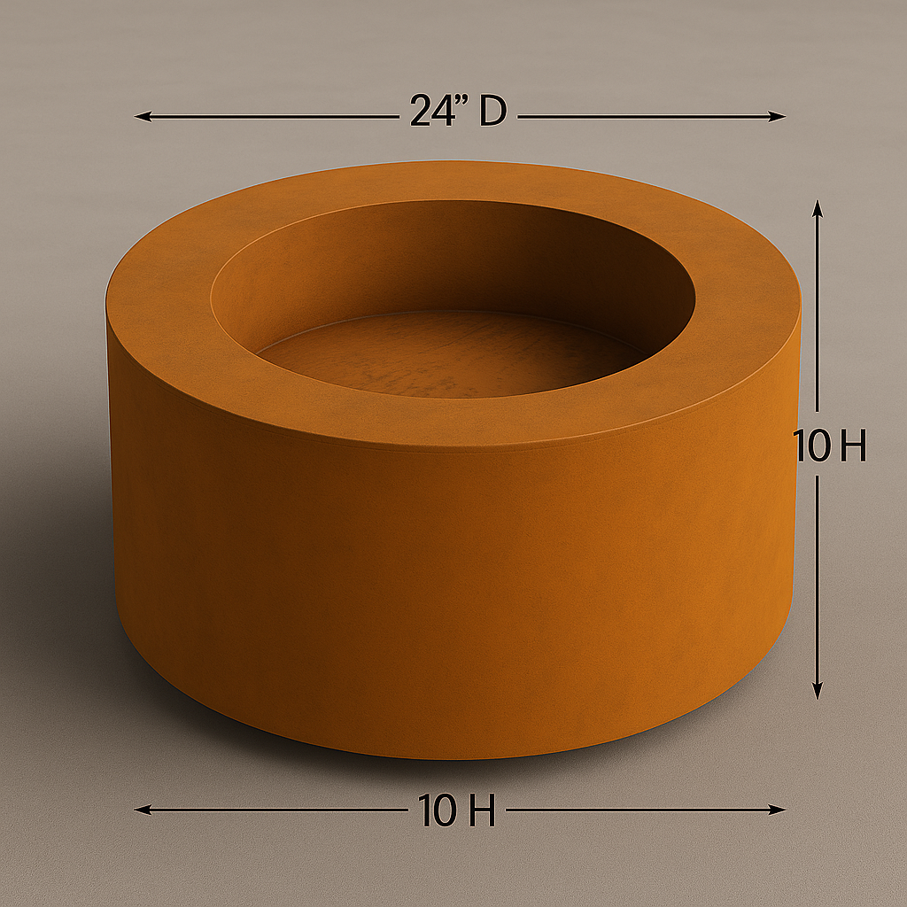 Corten Steel Round Fire Pit – 24” Diameter x 10” Height | Modern Recessed Bowl | Rust Patina Finish by H&P Building