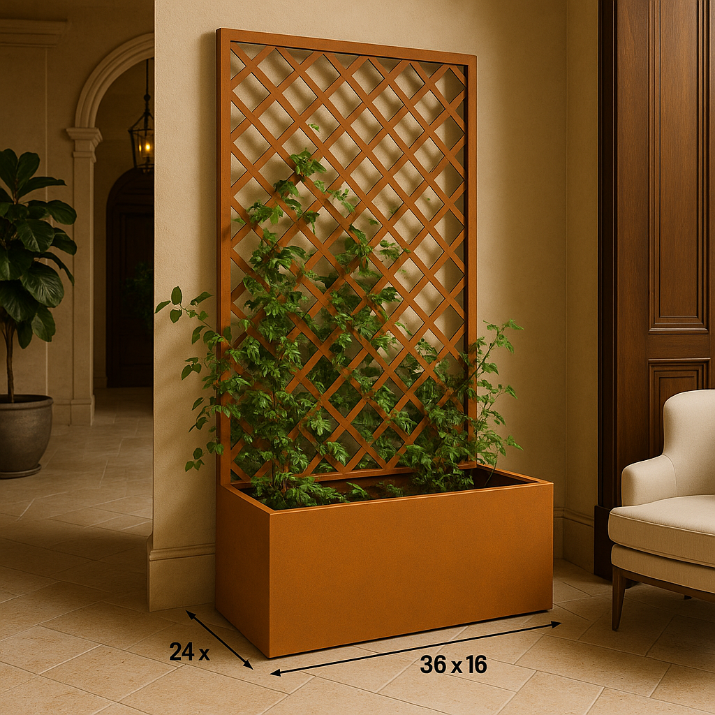 Corten Steel Planter with Trellis – 36"x24"x18" Box with 96" High Lattice Screen | Outdoor Privacy & Garden Decor by H&P Building