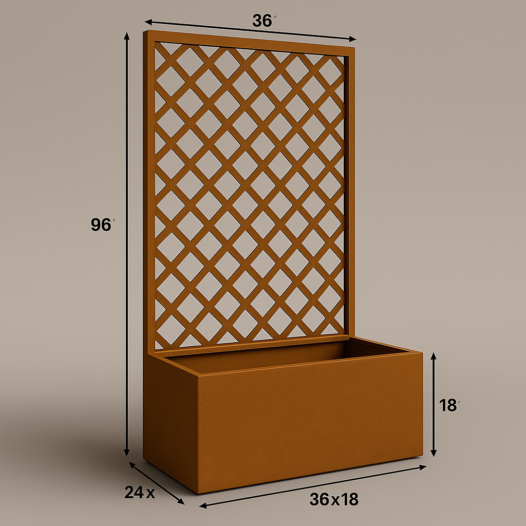 Corten Steel Planter with Trellis – 36"x24"x18" Box with 96" High Lattice Screen | Outdoor Privacy & Garden Decor by H&P Building