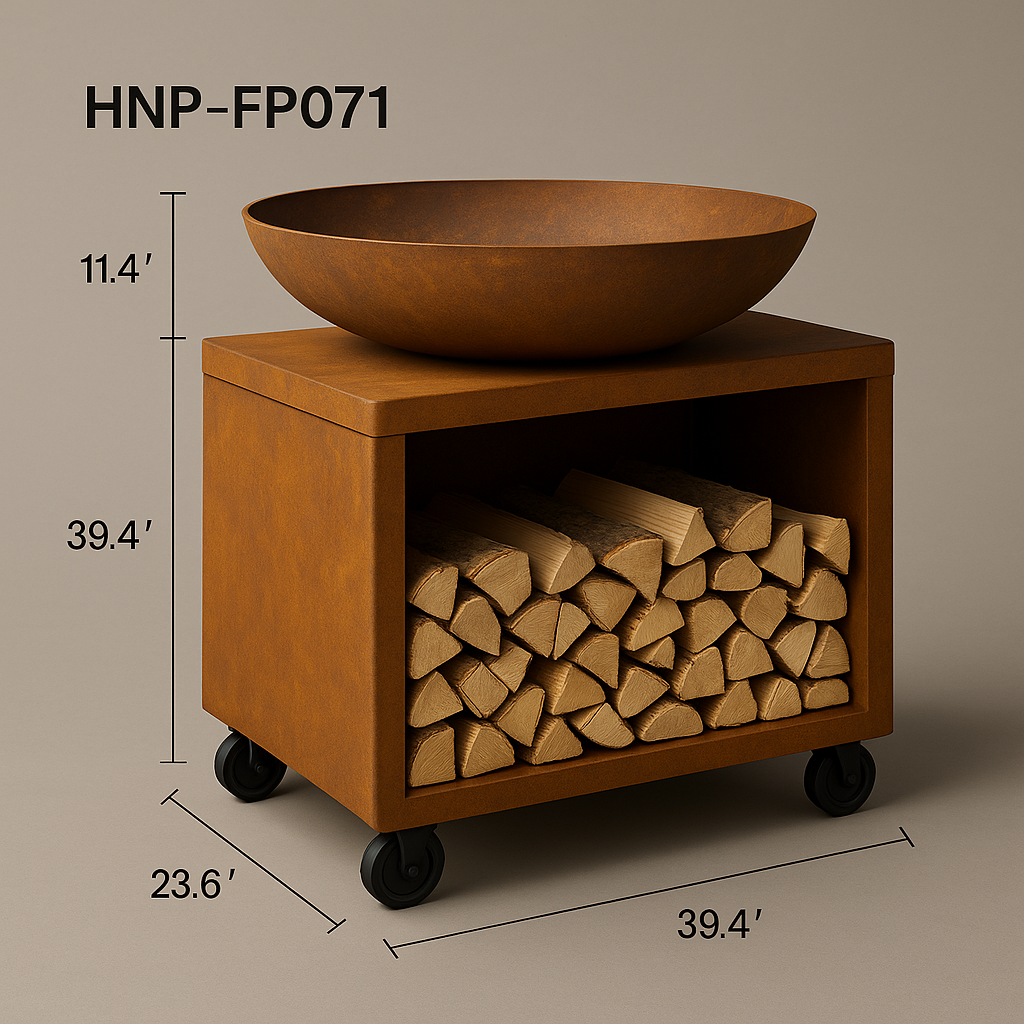 🔥 HNP-FP071 – Corten Steel Fire Pit with Wood Storage and Wheels | Outdoor Heating & Cooking Station