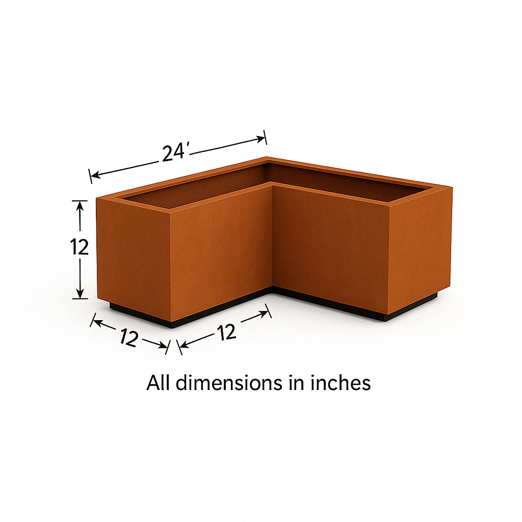 L-Shaped Corten Steel Planter  | Weathered Metal Raised Bed Corner Box for Outdoor Garden, Patio & Commercial Landscaping