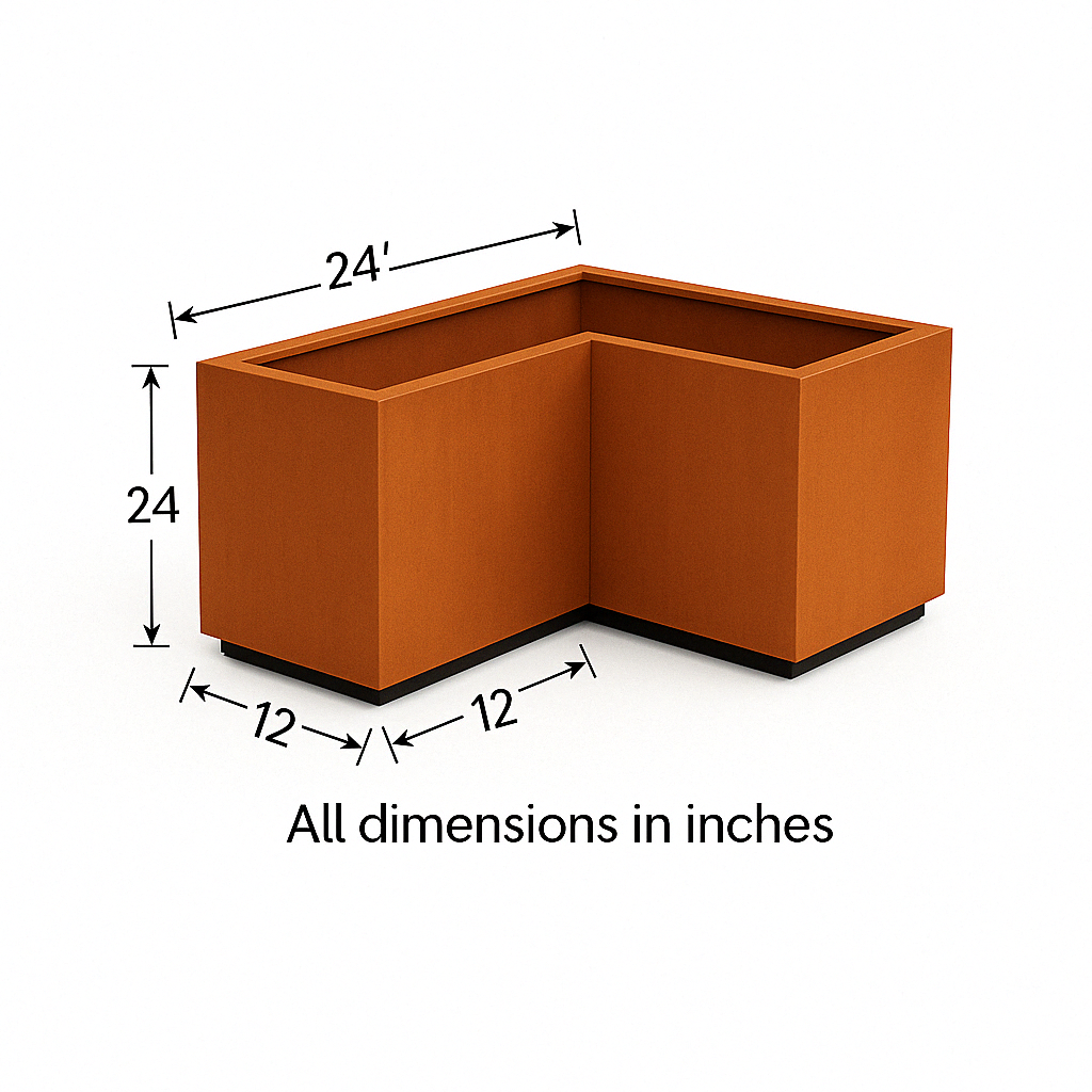 L-Shaped Corten Steel Planter  | Weathered Metal Raised Bed Corner Box for Outdoor Garden, Patio & Commercial Landscaping