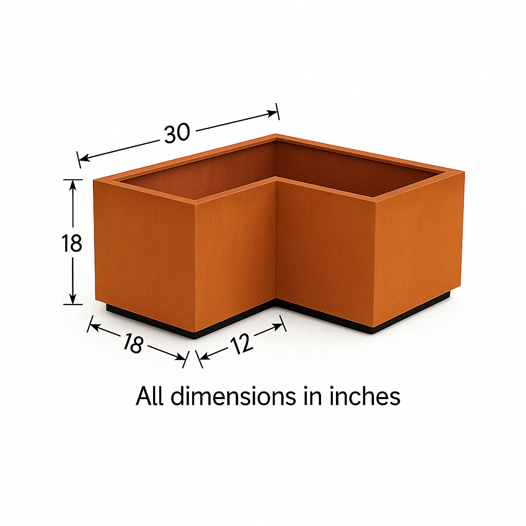 L-Shaped Corten Steel Planter  | Weathered Metal Raised Bed Corner Box for Outdoor Garden, Patio & Commercial Landscaping