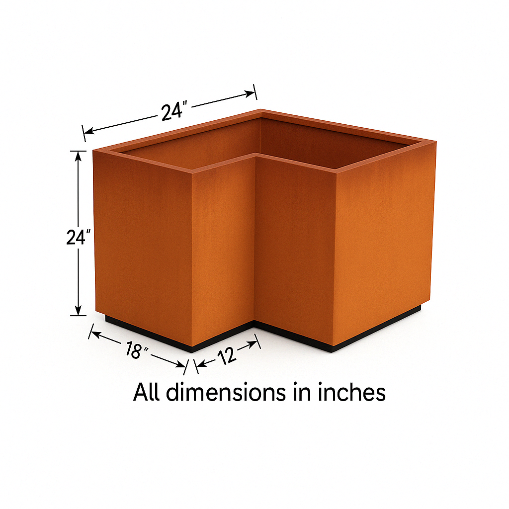 L-Shaped Corten Steel Planter  | Weathered Metal Raised Bed Corner Box for Outdoor Garden, Patio & Commercial Landscaping