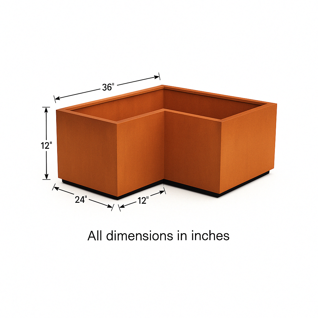 L-Shaped Corten Steel Planter  | Weathered Metal Raised Bed Corner Box for Outdoor Garden, Patio & Commercial Landscaping