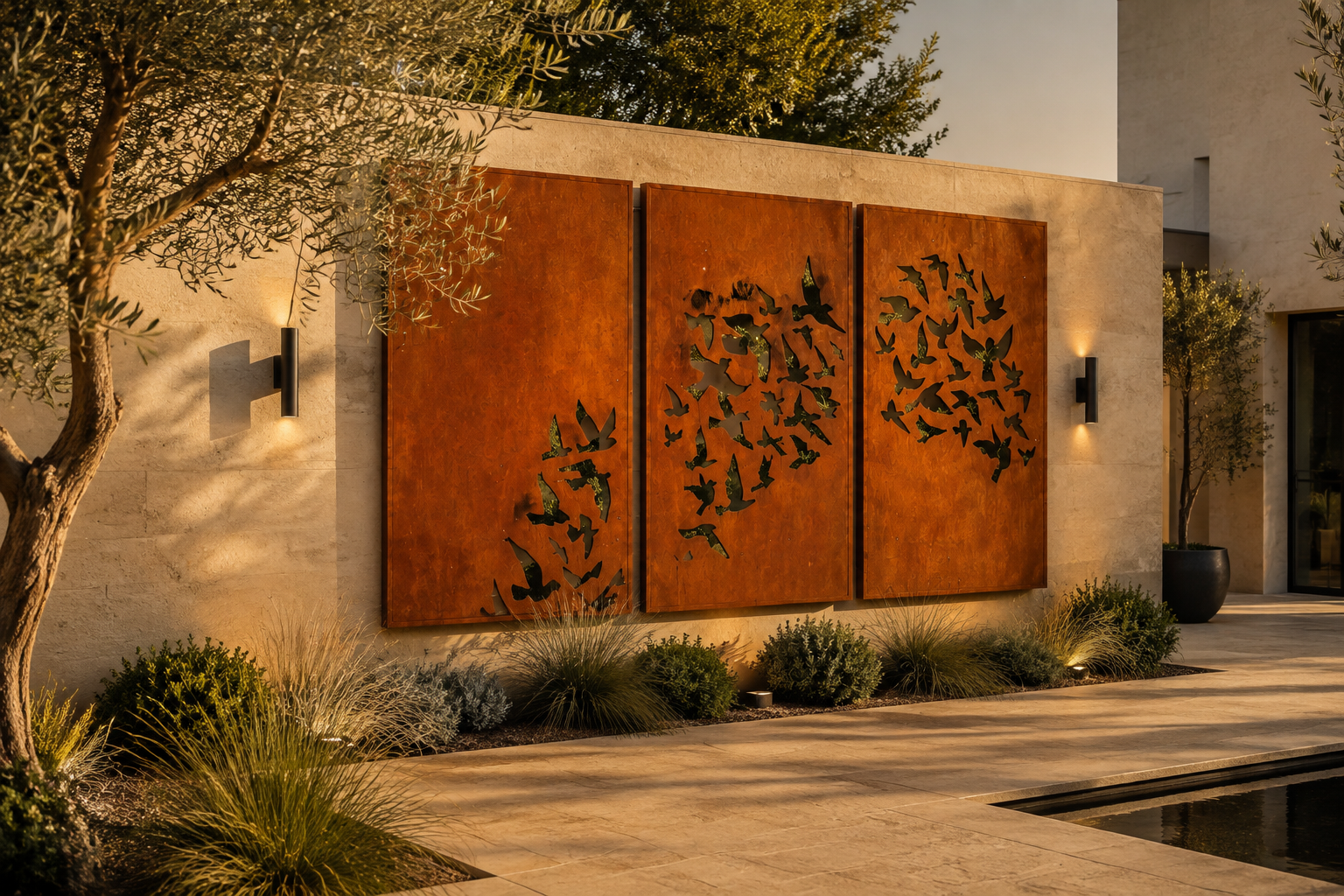 Birds in Flight Corten Steel Wall Art, Outdoor Metal Privacy Screen, Modern Garden Fence Panel, Custom Patio Decor