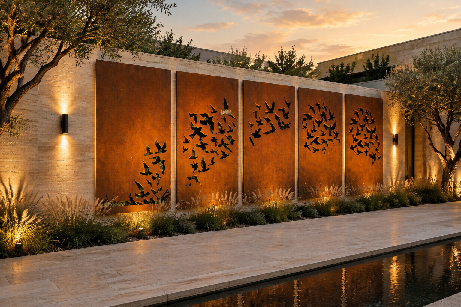 Birds in Flight Corten Steel Wall Art, Outdoor Metal Privacy Screen, Modern Garden Fence Panel, Custom Patio Decor
