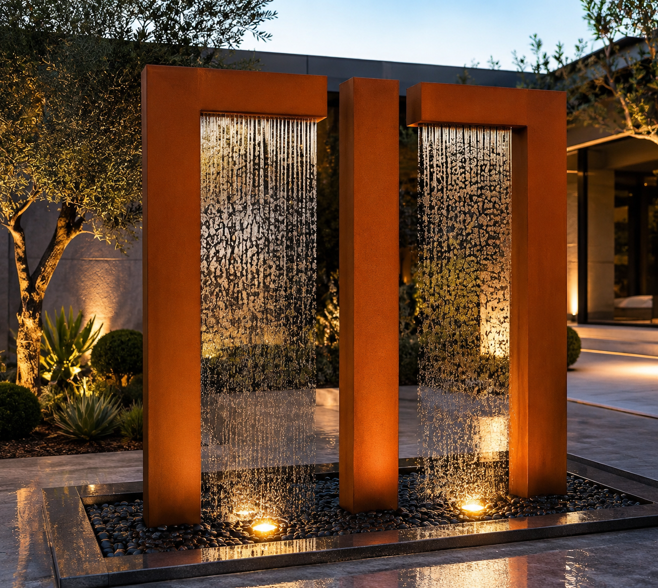 Modern Corten Steel Water Feature – Outdoor Waterfall Fountain with Basin – Luxury Garden Fountain – Architectural Landscape Water Feature
