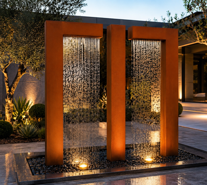 Modern Corten Steel Water Feature – Outdoor Waterfall Fountain with Basin – Luxury Garden Fountain – Architectural Landscape Water Feature