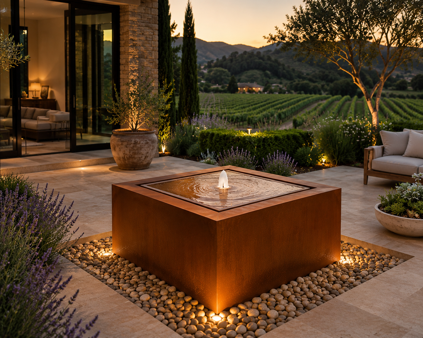 Corten Steel Water Feature 24x24 – Modern Outdoor Garden Fountain – Square Bubbling Fountain – Contemporary Landscape Water Feature