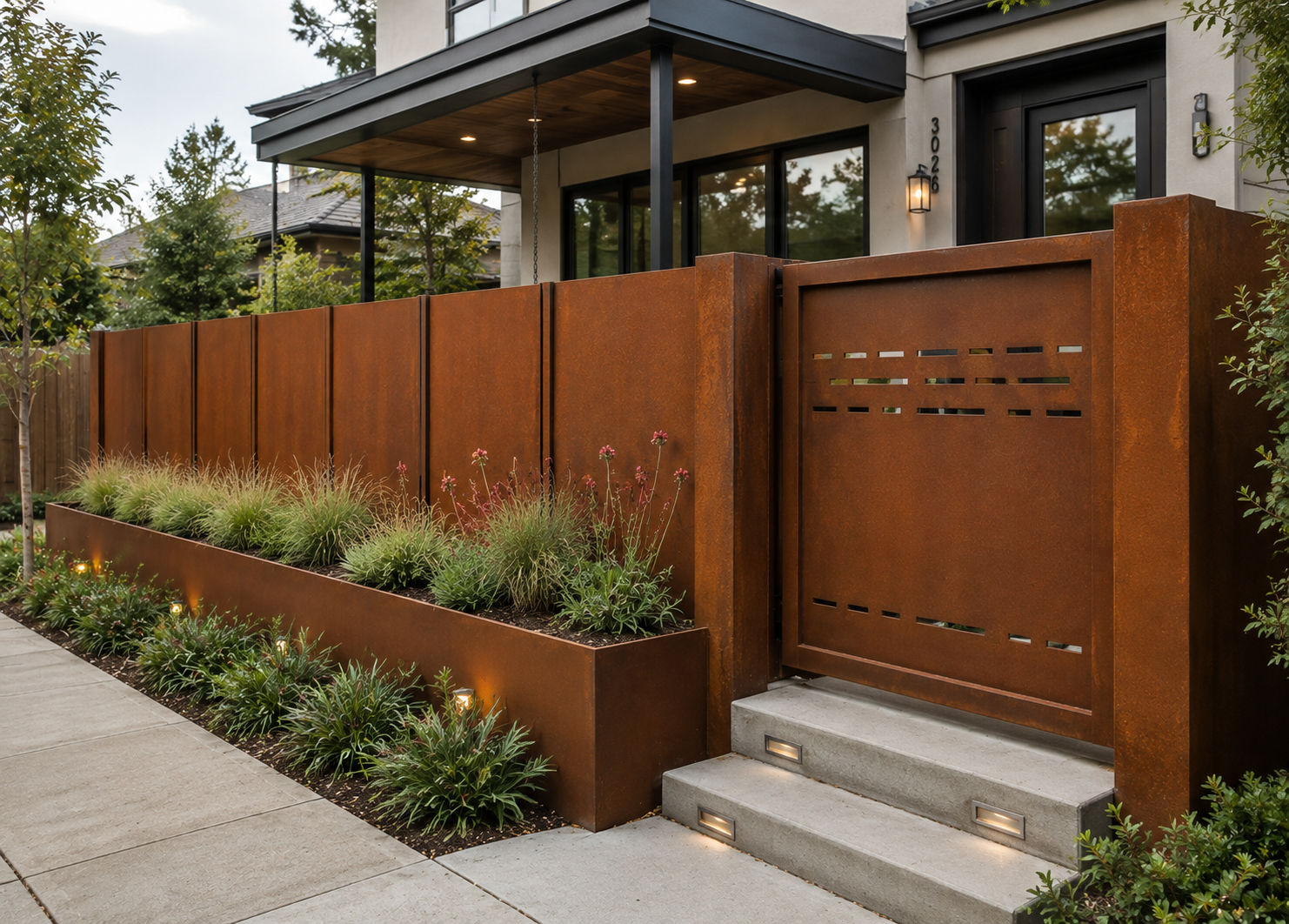 Modern Corten Steel Privacy Panels with Built-In Planters – Laser Cut Tree & Bird Design for Outdoor Screening and Landscaping