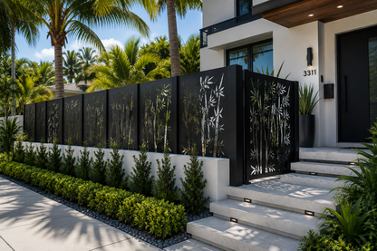 Custom Black Bamboo Privacy Panels | 14 GA Steel | Modern Laser Cut Outdoor Screens | Made in USA
