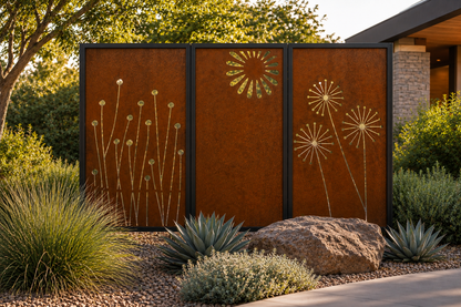 Modern Botanical Corten Steel Privacy Panels | Decorative Outdoor Screens | Made in USA