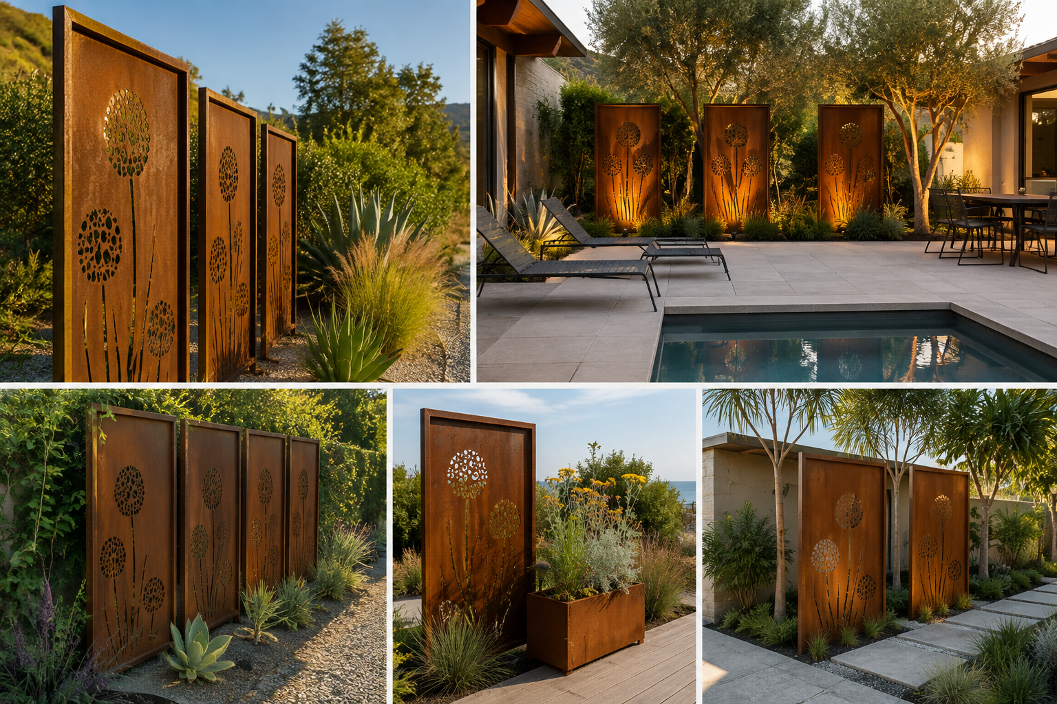 Custom Made Size - Modern Allium Bloom™ Corten Steel Privacy Screens for Luxury Outdoor Living