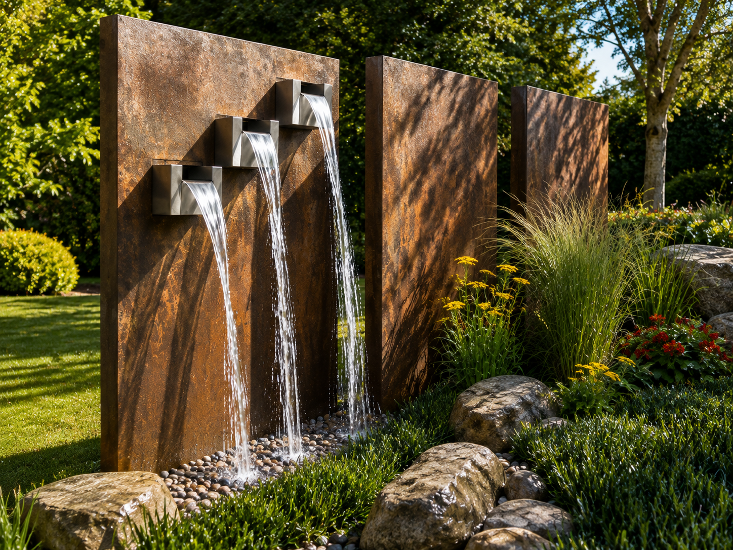 Custom Corten Steel Water Feature | Architectural Three-Spout Water Wall | Luxury Landscape Fountain