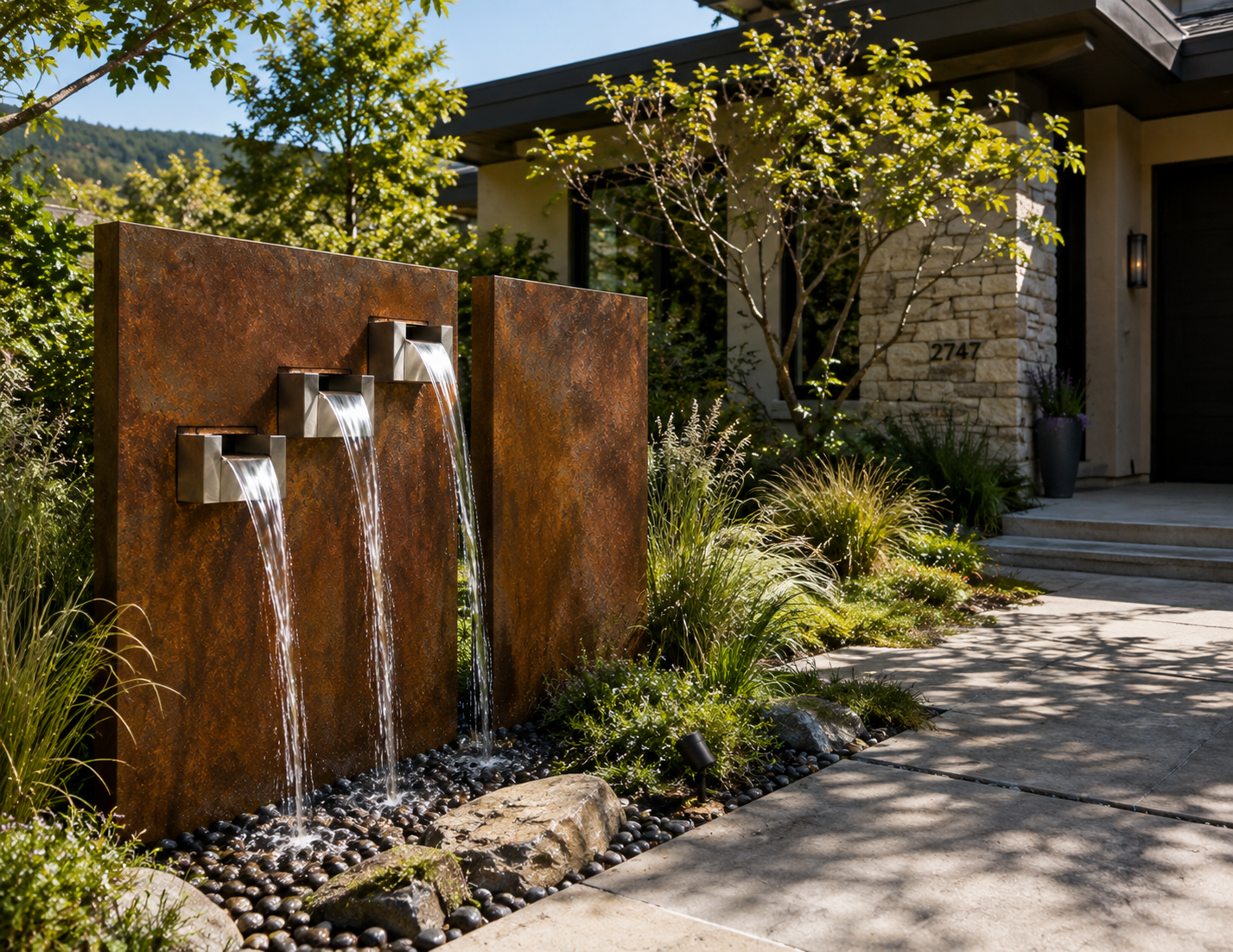 Custom Corten Steel Water Feature | Architectural Three-Spout Water Wall | Luxury Landscape Fountain