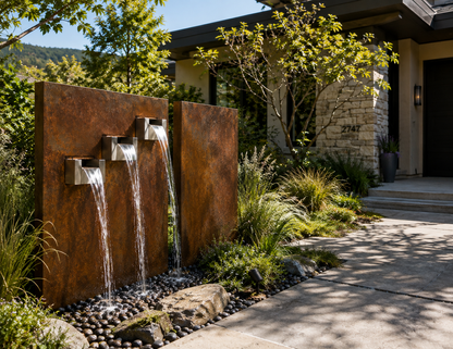 Custom Corten Steel Water Feature | Architectural Three-Spout Water Wall | Luxury Landscape Fountain