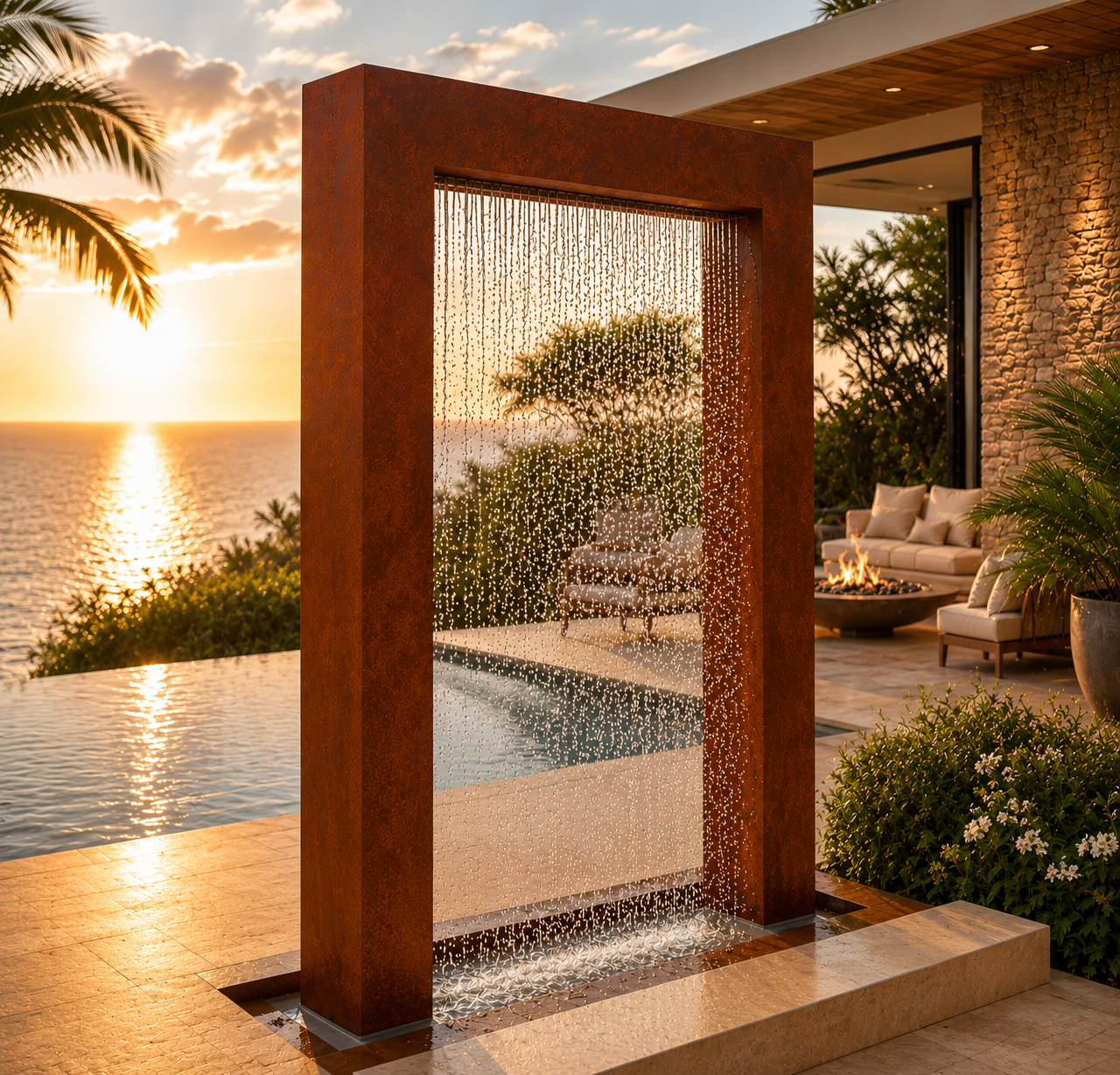 Verdant Veil Water Feature - Elegant Corten Steel for Outdoor Luxury