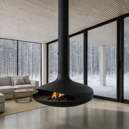 Luxury Hanging Fireplace – Modern Suspended Fireplace, 360 Rotating (wood-burning only), Wood or Gas, Floating Ceiling-Mounted Fire Feature