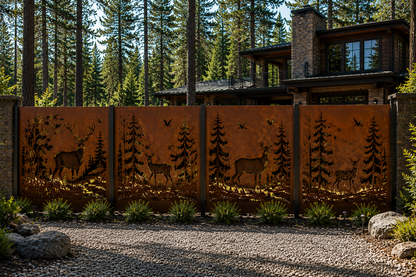 Architectural Corten Steel Privacy Screen | Luxury Deer Laser Cut Metal Panel | Woodland Collection