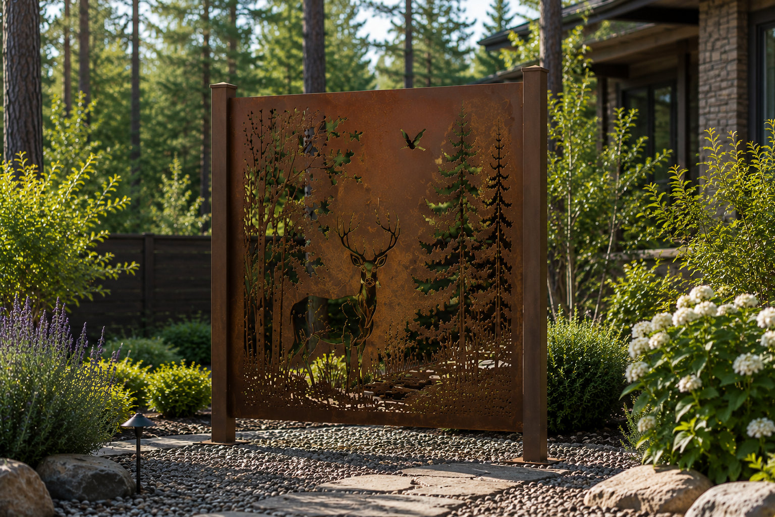 Architectural Corten Steel Privacy Screen | Luxury Deer Laser Cut Metal Panel | Woodland Collection