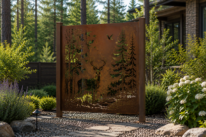 Architectural Corten Steel Privacy Screen | Luxury Deer Laser Cut Metal Panel | Woodland Collection