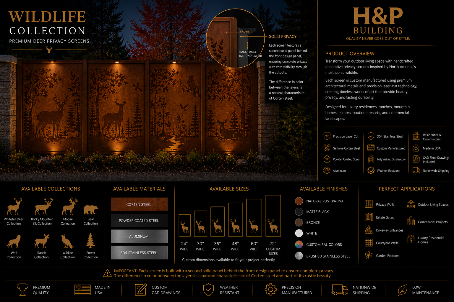 Architectural Corten Steel Privacy Screen | Luxury Deer Laser Cut Metal Panel | Woodland Collection
