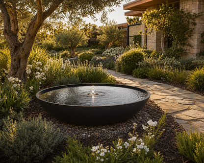 Black Powder Coated Steel Round Fountain Bowl, Modern Outdoor Water Feature