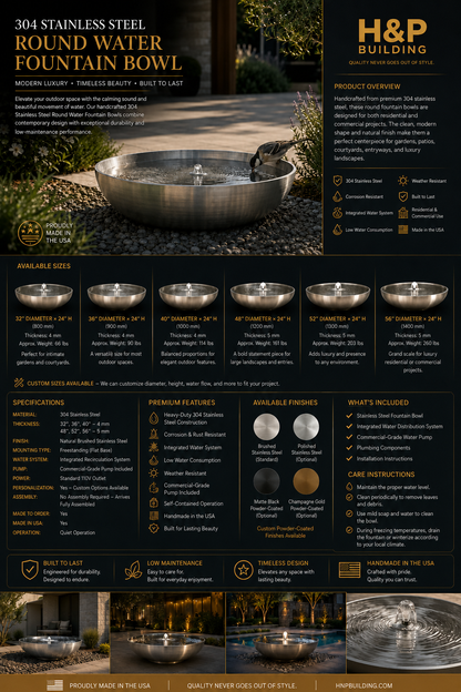 304 Stainless Steel Round Water Feature Bowl – Modern Outdoor Luxury Landscape Design