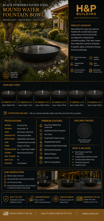 Black Powder Coated Steel Round Fountain Bowl, Modern Outdoor Water Feature
