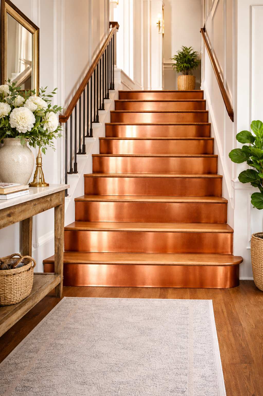 Custom Copper Patina Stair Risers | Verdigris Coast, Aged Copper Noir Finishes