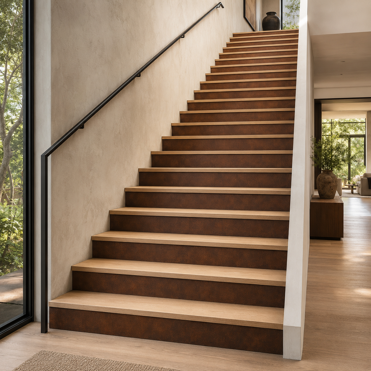 Custom Copper Patina Stair Risers | Verdigris Coast, Aged Copper Noir Finishes