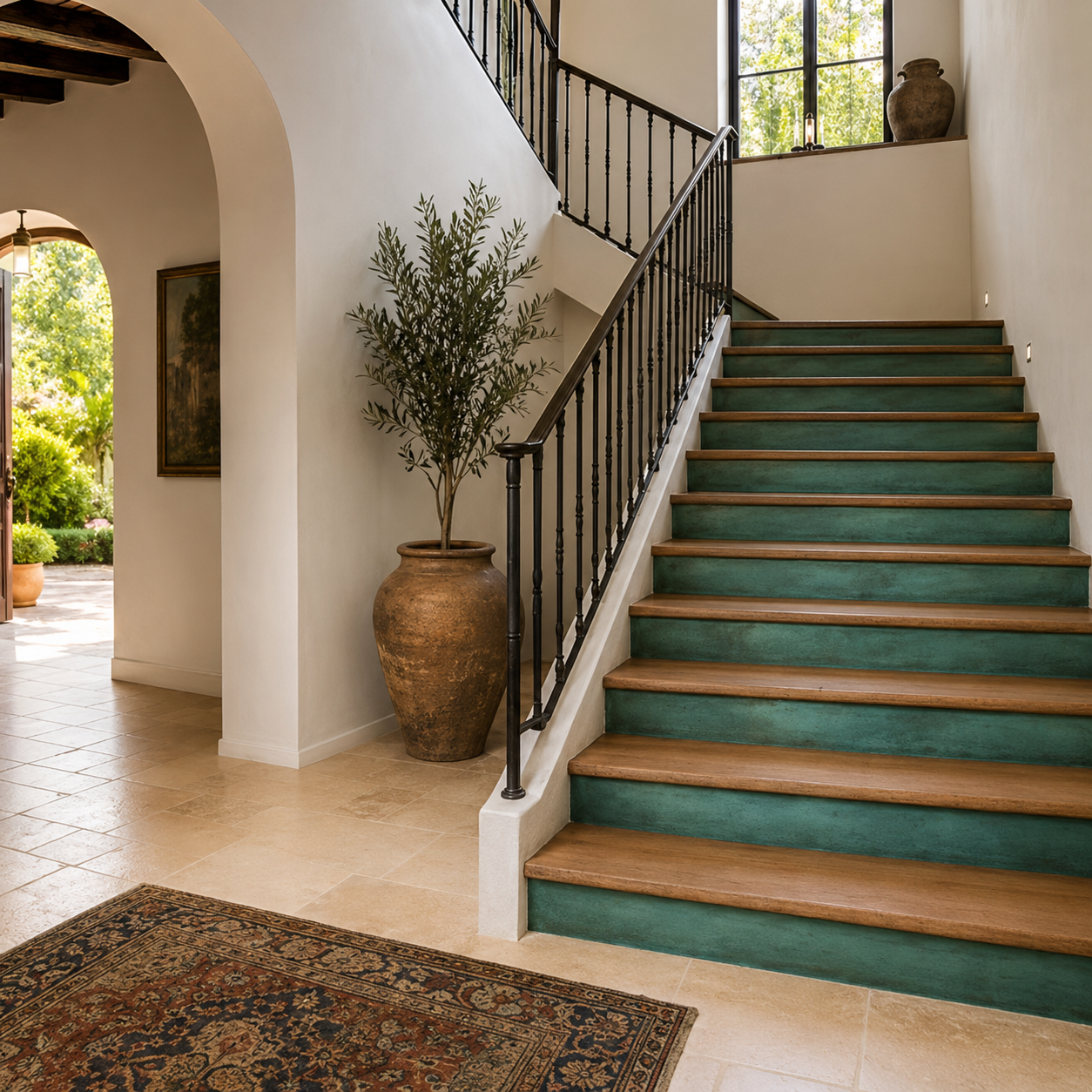 Custom Copper Patina Stair Risers | Verdigris Coast, Aged Copper Noir Finishes