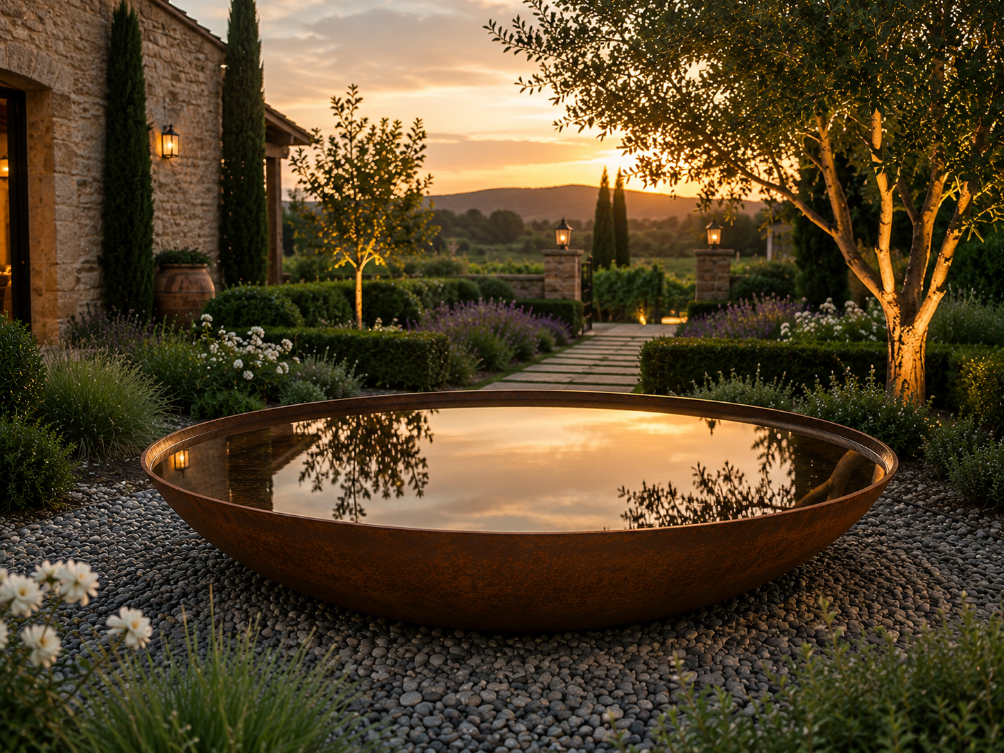 Elegant Corten Steel Fountain Bowl – 54” Modern Outdoor Water Feature | Luxury Garden & Poolside Décor