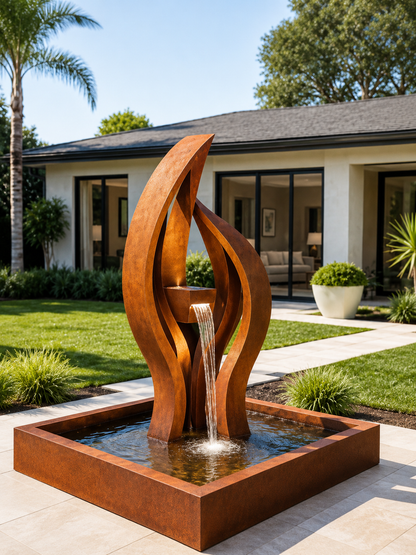 Modern Corten Steel Fountain – Sculptural Outdoor Water Feature