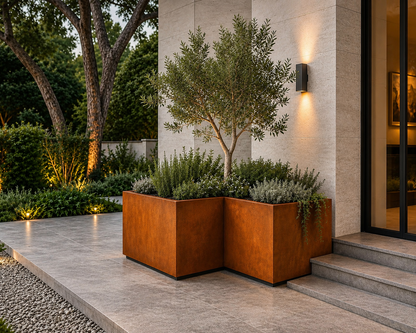 L-Shaped Corten Steel Planter  | Weathered Metal Raised Bed Corner Box for Outdoor Garden, Patio & Commercial Landscaping