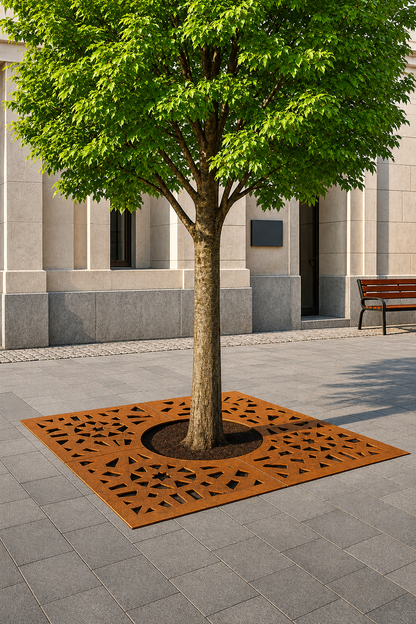 Modern Trapezoidal Corten Steel Tree Grate | Leaf Design Tree Guard for Sidewalks & Urban Landscaping