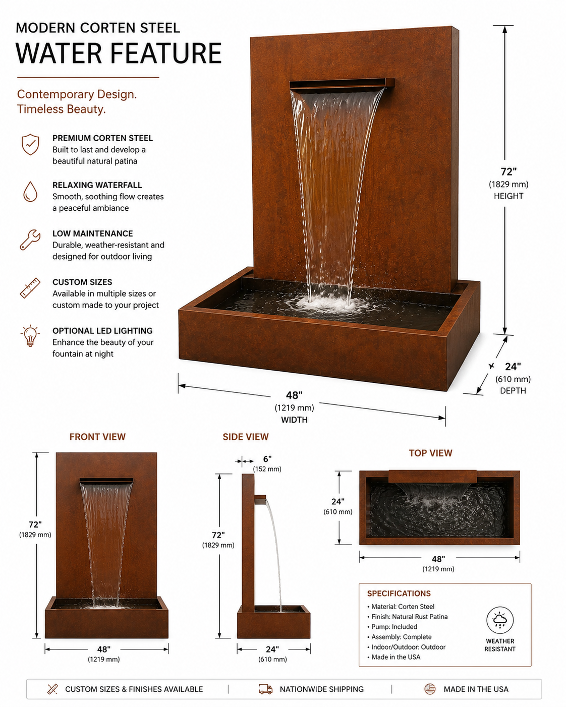 Modern Corten Steel Water Feature – Contemporary Outdoor Fountain with Basin
