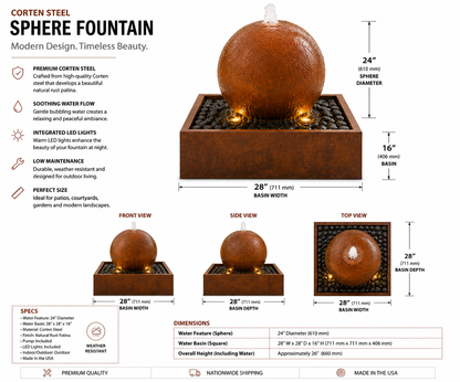 Corten Cascade Sphere – A Mesmerizing Water Feature Ball for Timeless Elegance