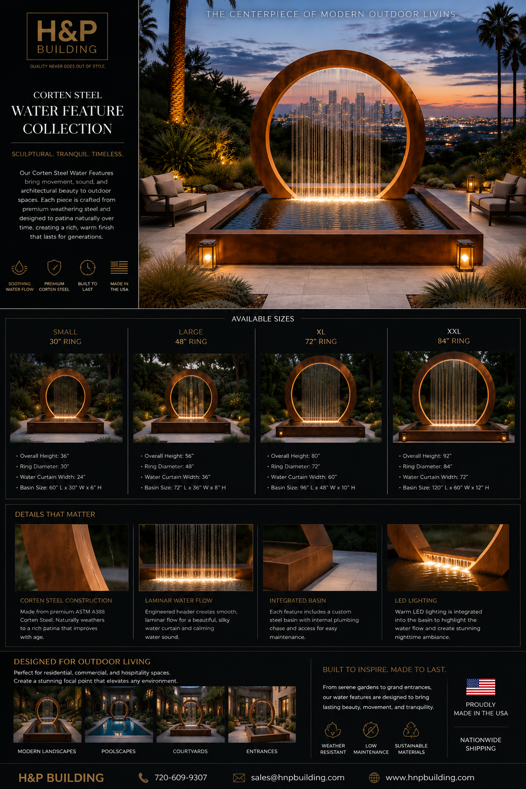 Corten Steel Waterfall Fountain, Modern Outdoor Reflecting Pool