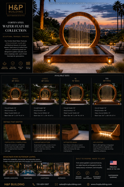 Corten Steel Waterfall Fountain, Modern Outdoor Reflecting Pool