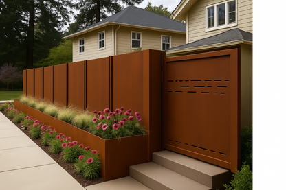 Modern Corten Steel Privacy Panels with Built-In Planters – Laser Cut Tree & Bird Design for Outdoor Screening and Landscaping